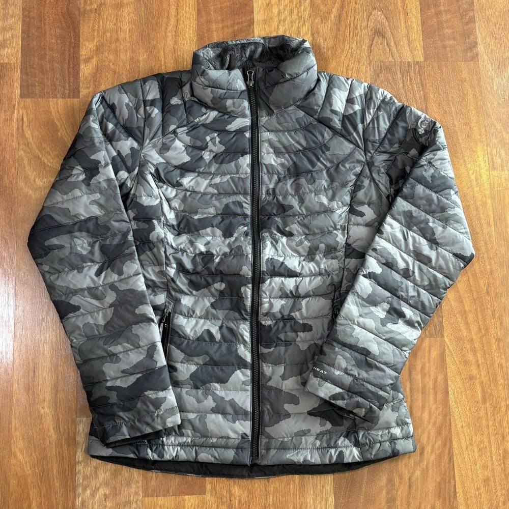 Columbia Omni-Heat Jacket Womens Medium Gray Camo Puffer Full Zip Lined XK0677